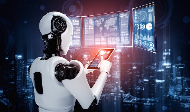 Robot humanoïde met behulp van tabletcomputer voor big data-analyse