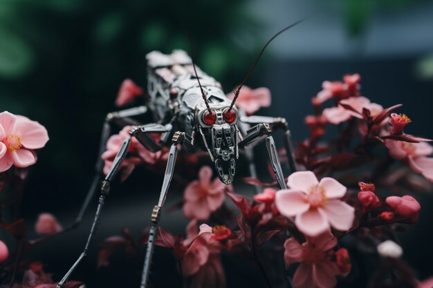 Robotachtig insect met bloemen
