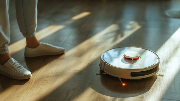 Gratis foto robots die de vloer met een stofzuiger reinigen