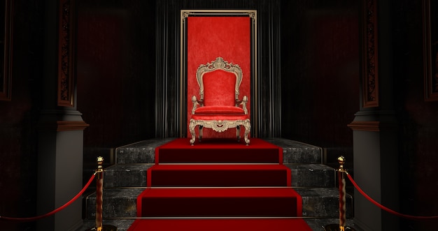 Rode koninklijke stoel op een rode en zwarte achtergrond, vip-troon, rode koninklijke troon, 3d render Premium Foto