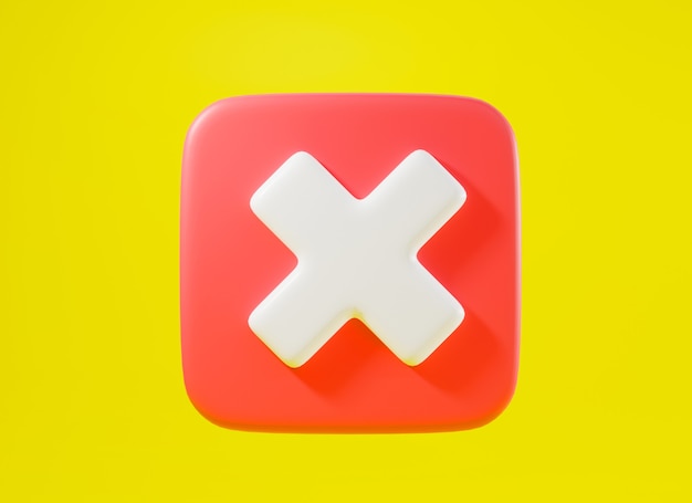 Rode kruis teken symbolen pictogram element. symbool nr of x-vormknop voor correct inloggen vierkant niet goedgekeurd, eenvoudig grafisch ontwerp markeren op gele achtergrond, stopsymbool, 3d-renderingillustratie