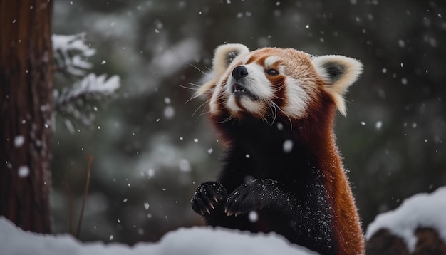 Gratis foto rode panda zittend op natte tak speels gegenereerd door ai