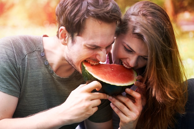 Romantisch paar dat van een picknick in het park geniet