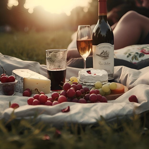 Gratis foto romantische picknick met wijn en kaas op groen gras bij zonsondergang