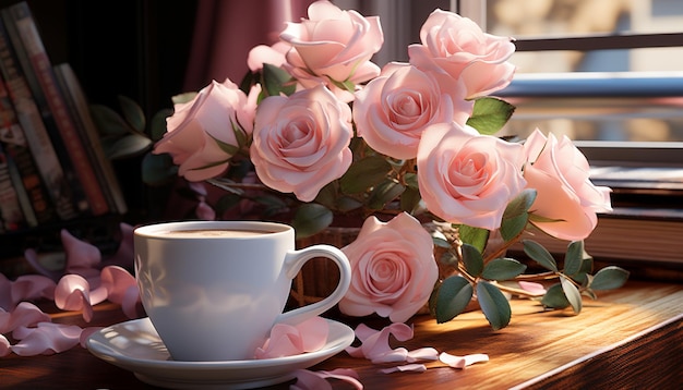 Gratis foto romantische tafel met vers bouquet roze bloemen en koffie gegenereerd door kunstmatige intelligentie