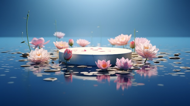 Gratis foto rond podium met 3d-bloemen en water