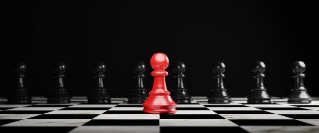 Rood pionschaak stapte uit de lijn om zwart schaken te leiden en verschillende denkideeën te laten zien Verandering en verstoring van bedrijfstechnologie voor nieuw normaal concept