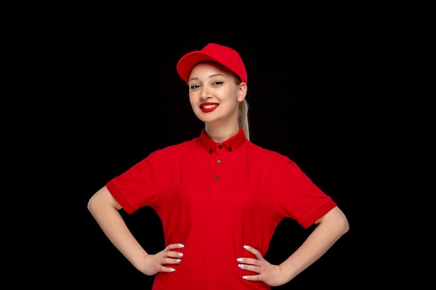 Rood shirt dag super blij meisje handen op taille in een rode dop dragen shirt met lippenstift