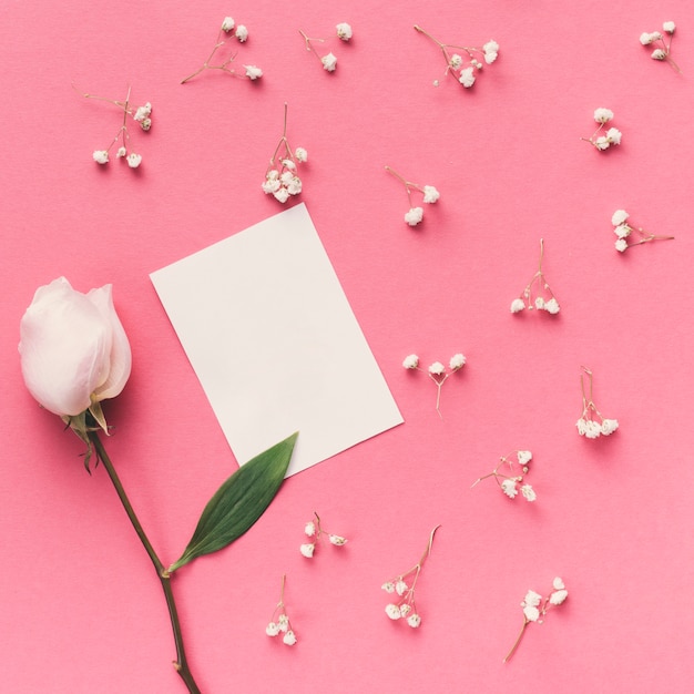 Gratis foto roze bloem met klein papier op tafel