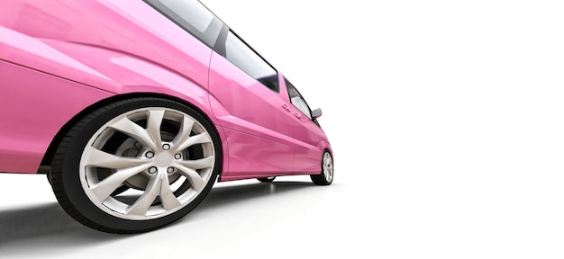 Roze minibusje voor het vervoer van mensen. driedimensionale afbeelding op een glanzend witte achtergrond. 3d-rendering.