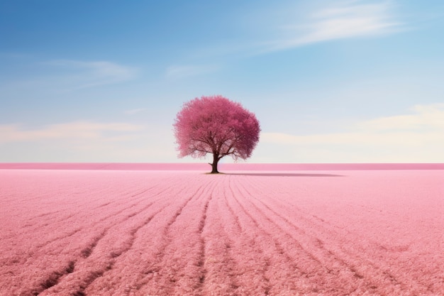 Gratis foto roze natuurlandschap met uitzicht op boom en veld