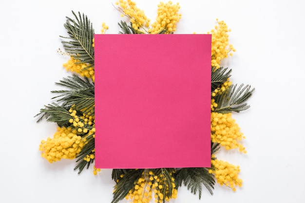 Gratis foto roze papier op gele bloemtakken
