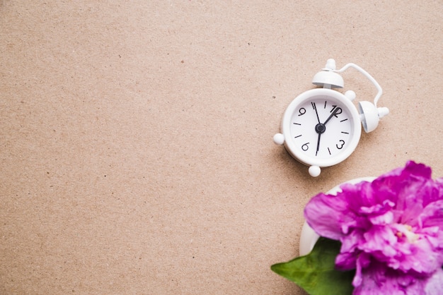 Roze pioenroos bloem in vaas met witte wekker op papier textuur kartonnen achtergrond