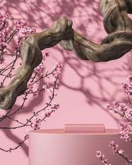 Roze platform op tak en sakura-boom achtergrondschaduwschaduw op muur
