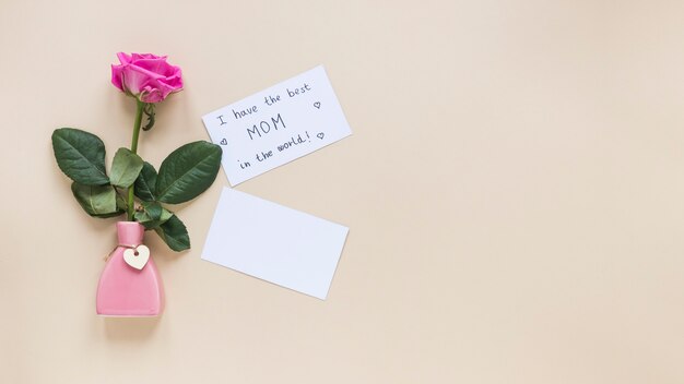 Roze roos in vaas met Ik heb de beste moeder ter wereld opschrift