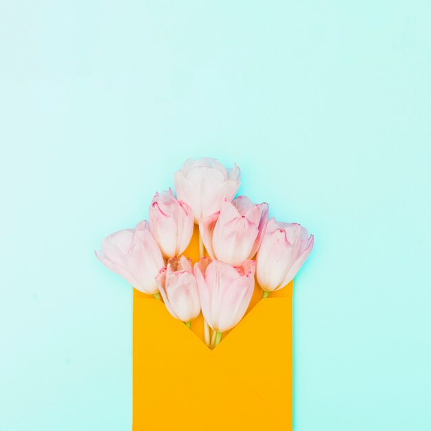 Roze tulp bloemen in de envelop op tafel