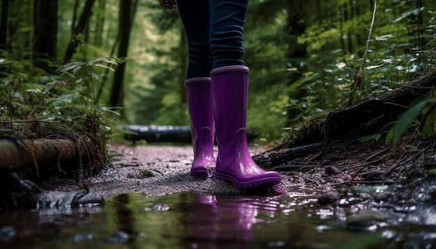 Rubberen laarzen die door het natte herfstbos spatten, gegenereerd door AI