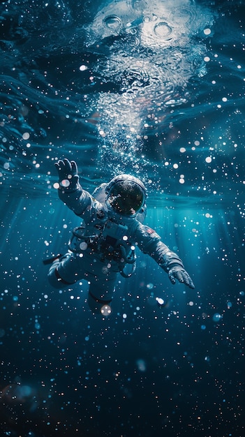 Gratis foto ruimtevaarder duikt in de oceaan.