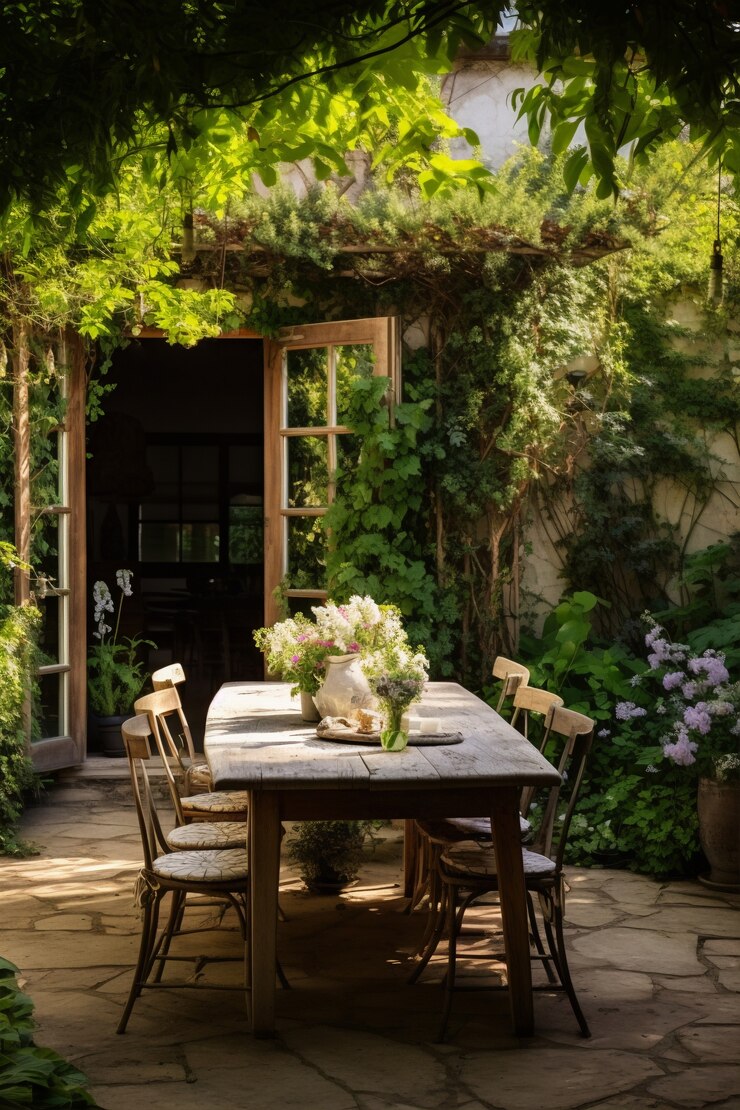 Gratis Foto rustiek terras met tuinmeubilair en vegetatie