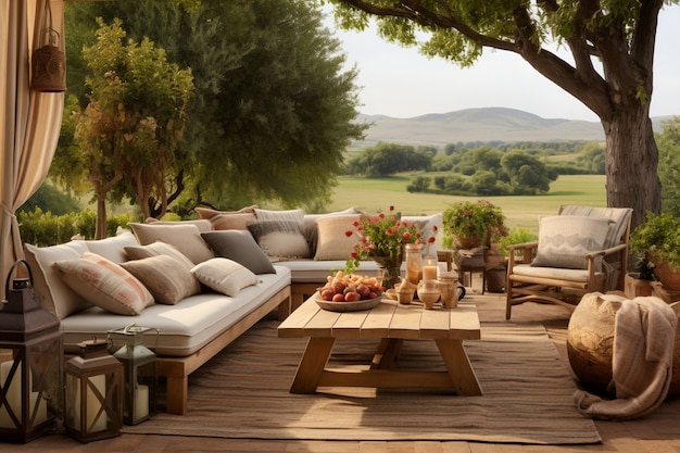 Rustiek terras met tuinmeubilair en vegetatie