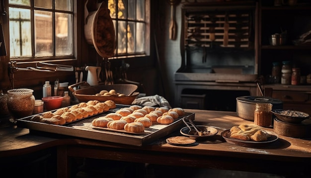 Rustiek zelfgebakken brood op houten tafel gegenereerd door AI