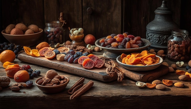 Rustieke houten tafel met daarop gezond gastronomisch fruit gegenereerd door AI