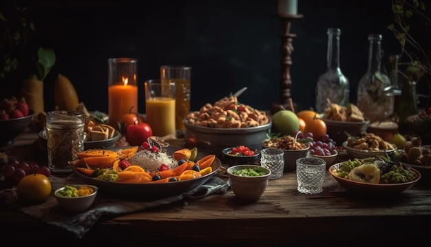 Gratis foto rustieke maaltijdviering op houten tafeldecoratie gegenereerd door ai