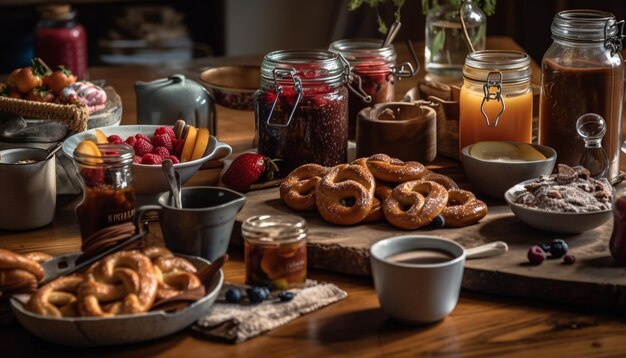 Rustieke tafel zelfgemaakt dessert verse koekjesvariatie gegenereerd door AI