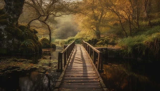 Gratis foto rustig herfstbospad leidt naar brug gegenereerd door ai