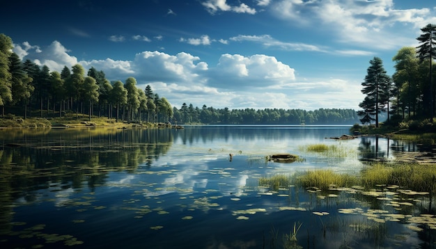 Gratis foto rustig tafereel van een zomerweide, die de blauwe lucht en bergen weerspiegelt, gegenereerd door ai