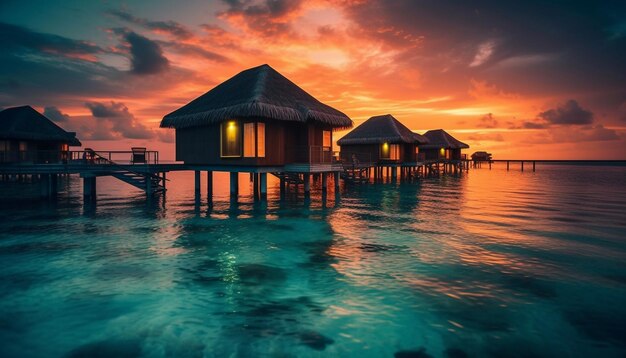 Rustige bungalow reflectie silhouetten Caribische zonsondergang schoonheid gegenereerd door AI