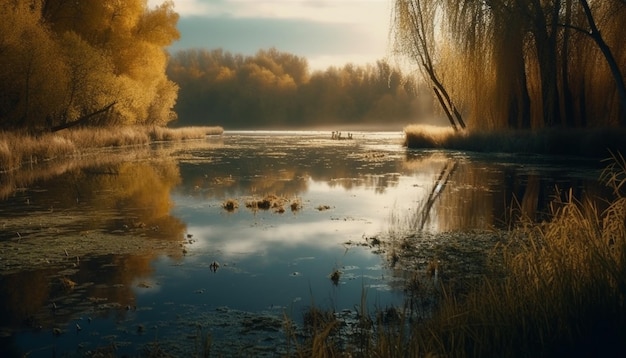 Gratis foto rustige herfstzonsondergang reflecteert op vijveroppervlak gegenereerd door ai