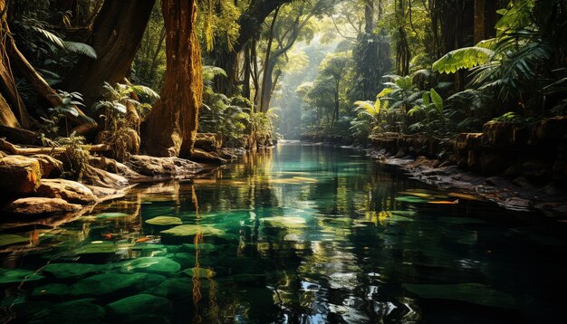 Gratis foto rustige scène met stromend water, groen bos dat de schoonheid van de natuur weerspiegelt, gegenereerd door kunstmatige intelligentie