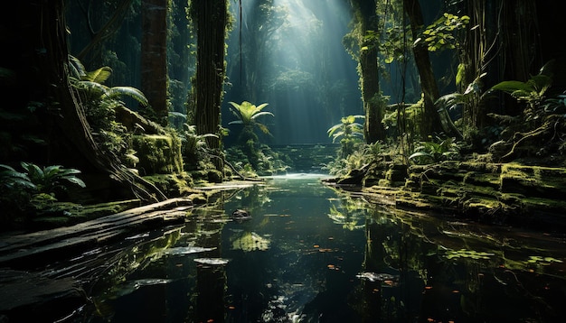 Gratis foto rustige scène natuurschoon in een mysterieus tropisch regenwoud gegenereerd door kunstmatige intelligentie