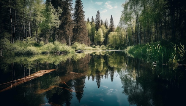 Gratis foto rustige scène van een groen bos dat zich weerspiegelt in een rustige vijver gegenereerd door kunstmatige intelligentie