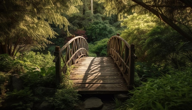 Gratis foto rustige scène van een voetgangersbrugavontuur in het tropisch regenwoud, gegenereerd door ai