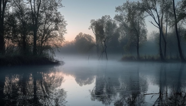 Rustige scène van mistig bos bij zonsopgang gegenereerd door ai