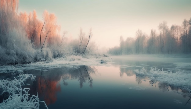 Rustige scène van winterbos weerspiegelt schoonheid gegenereerd door AI