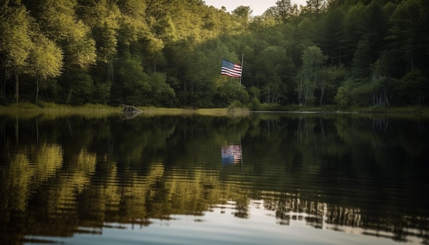 Rustige scènereflectie van Amerikaanse vlag op water gegenereerd door AI