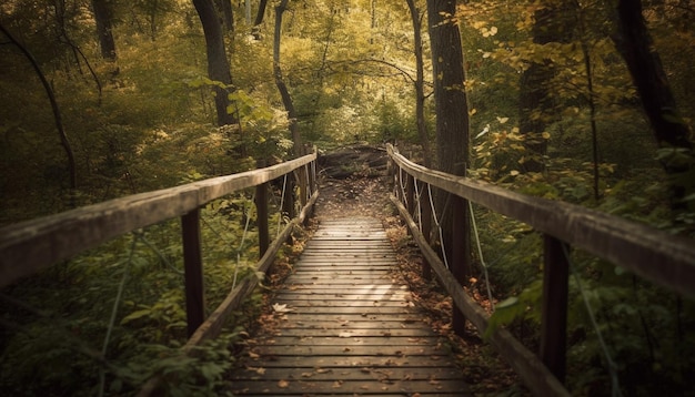 Rustige voetgangersbrug in de herfst bos mysterieuze schoonheid gegenereerd door AI