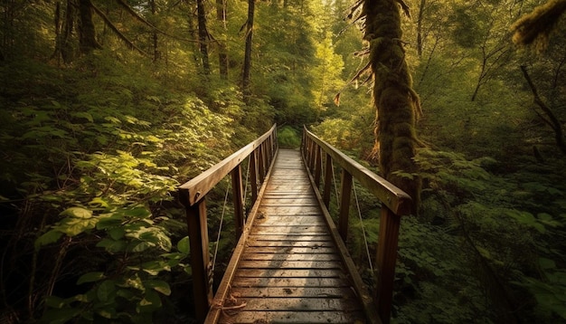 Rustige voetgangersbrug over nat bos ravijnmysterie gegenereerd door AI