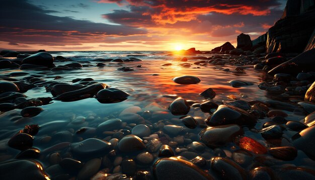 Rustige zonsondergang boven de rotsachtige kustlijn die het blauwe water weerspiegelt, gegenereerd door kunstmatige intelligentie