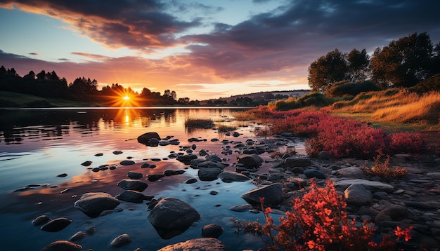 Gratis foto rustige zonsondergang over de bergketen weerspiegelt zich in een serene vijver gegenereerd door kunstmatige intelligentie