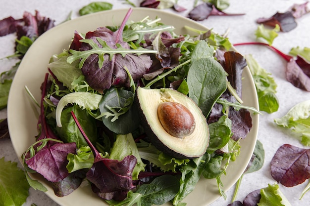 Salade van avocado en groenten gemengde greens slablaadjes klaar om te eten