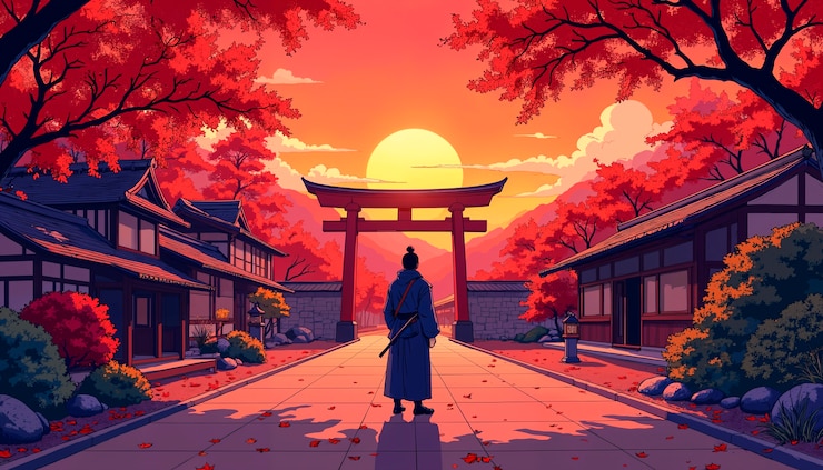Gratis Foto samurai bij zonsondergang in japan