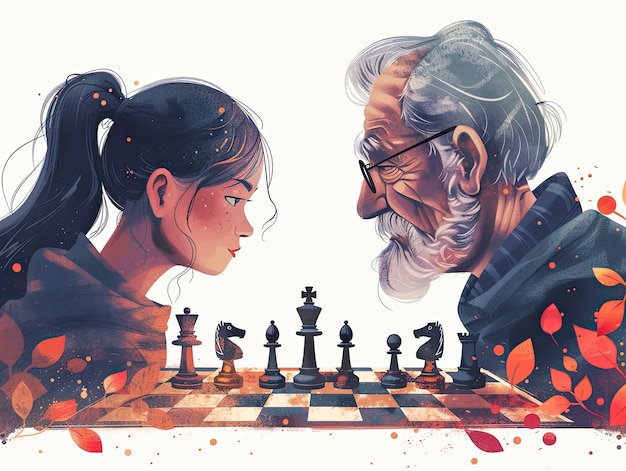 Scene in digitale kunststijl met mensen die schaak spelen