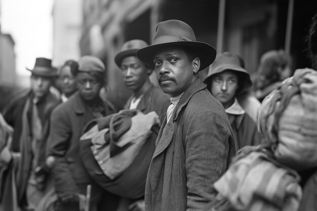 Scène met Afro-Amerikaanse mensen die in de oude tijd in het platteland verhuizen