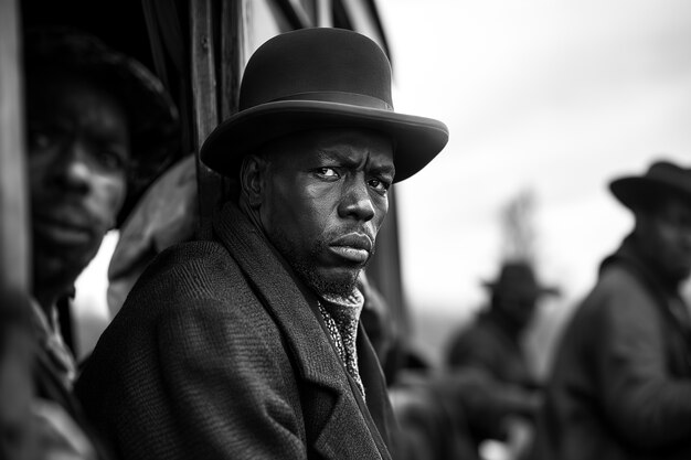 Scène met Afro-Amerikaanse mensen die in de oude tijd in het platteland verhuizen