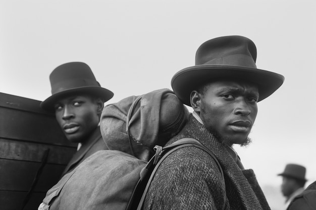 Gratis foto scène met afro-amerikaanse mensen die in de oude tijd in het platteland verhuizen