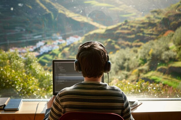 Scene met diverse jonge mensen die digitale nomaden zijn en op afstand werken vanuit dromerige locaties